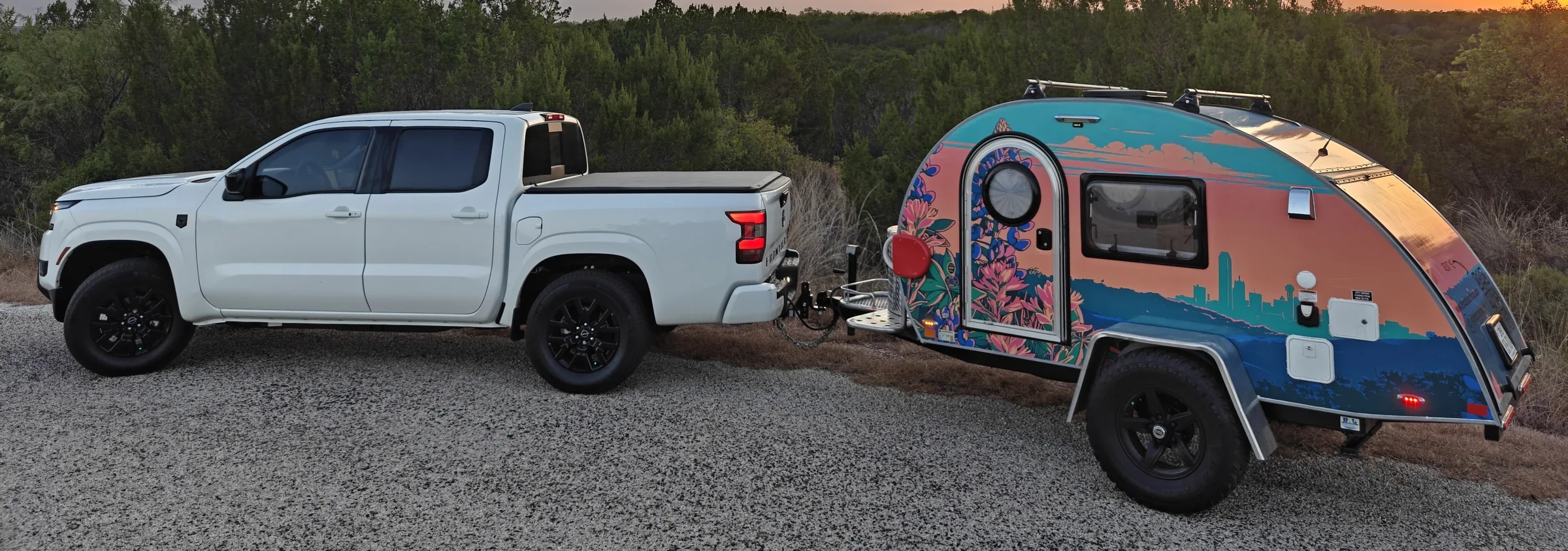 Texas Teardrop camper set up at a scenic campsite